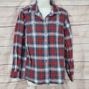 Duluth Trading flannel shirt plaid button up long sleeve orange blue cream S